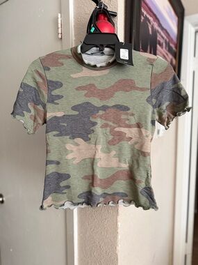 Fashion Nova Camo Print Ruffle Hem Crop Top - Green, Brown, Gray